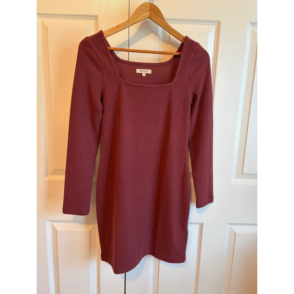 Madewell Burgundy Ribbed Square Neck Long Sleeve Mini Dress S Burgundy Wine
